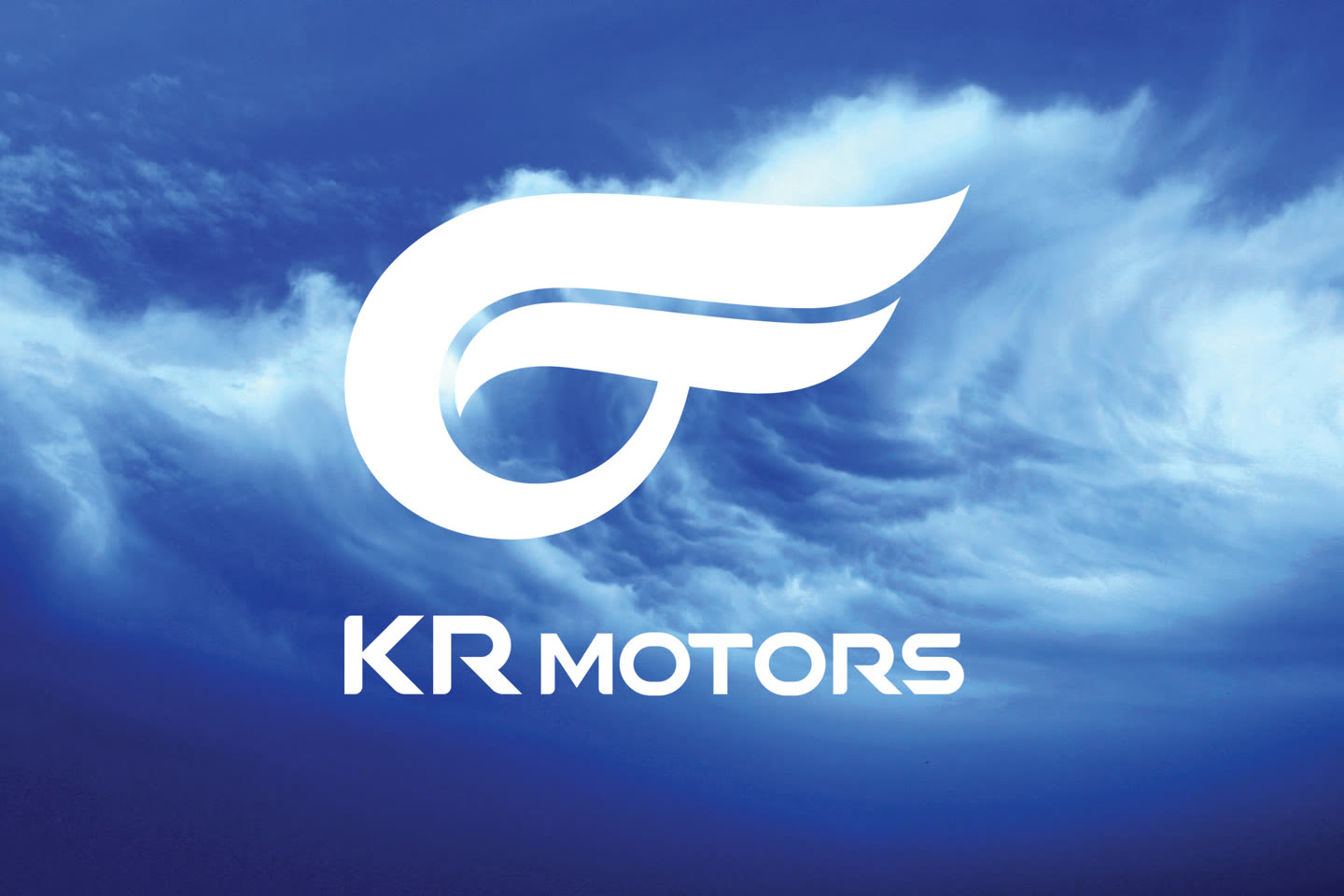 White KR Motors symbol and logotype against a deep blue sky
