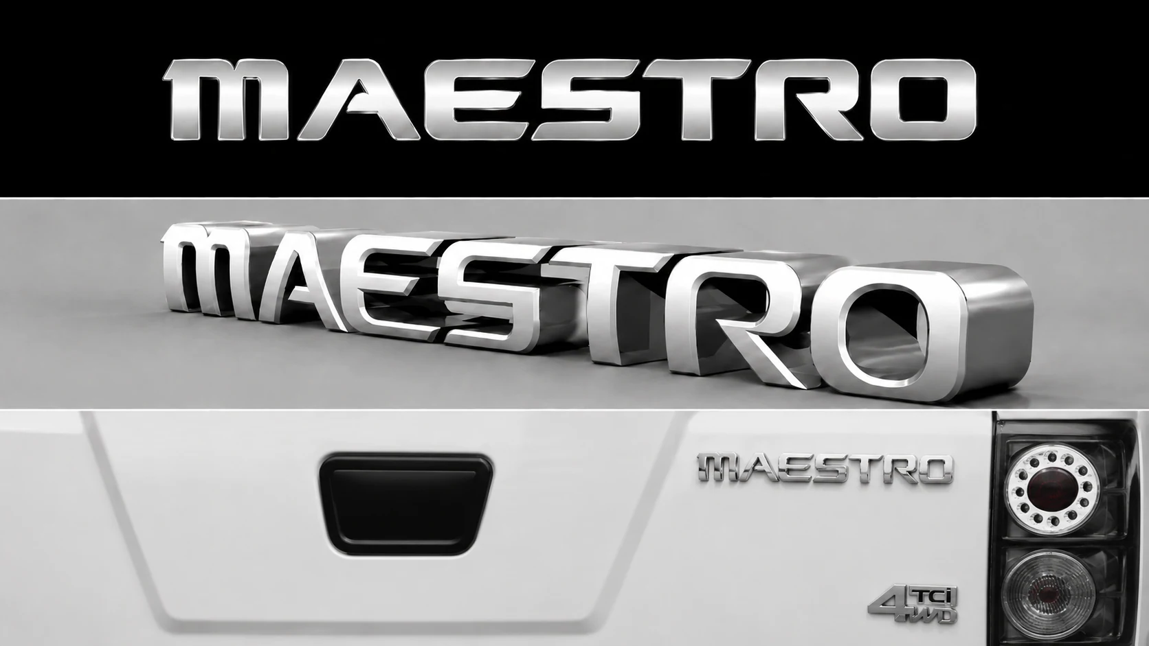 MAESTRO wordmark, dimensional emblem and emblem mounted on a white vehicle