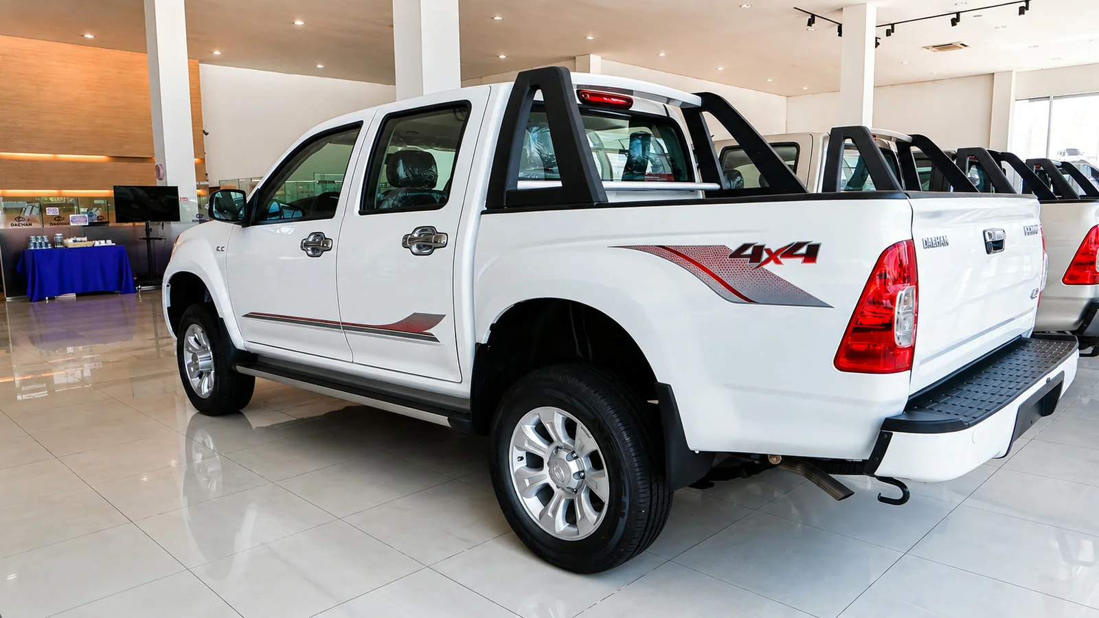 DAEHAN 4×4 decal applied to a pickup in the showroom