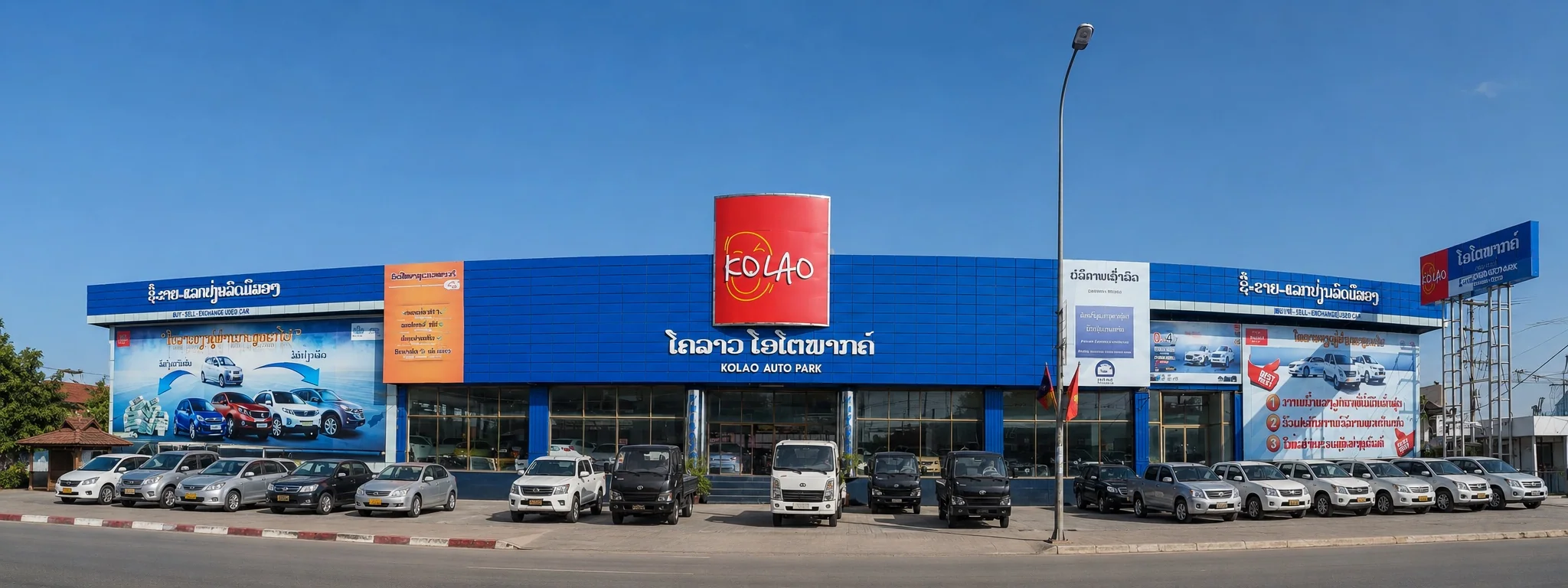 AI-enhanced panoramic field view of the KOLAO Auto Park showroom with the right billboard applied