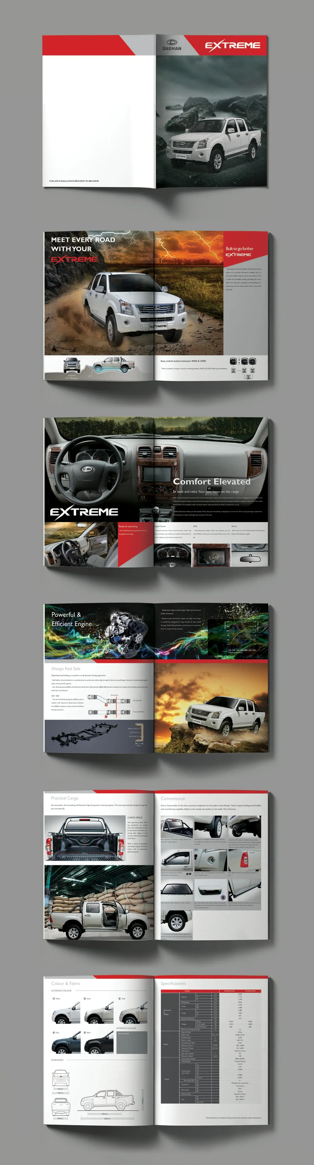 DAEHAN EXTREME product catalogue spreads with a neutral gray background and natural shadows