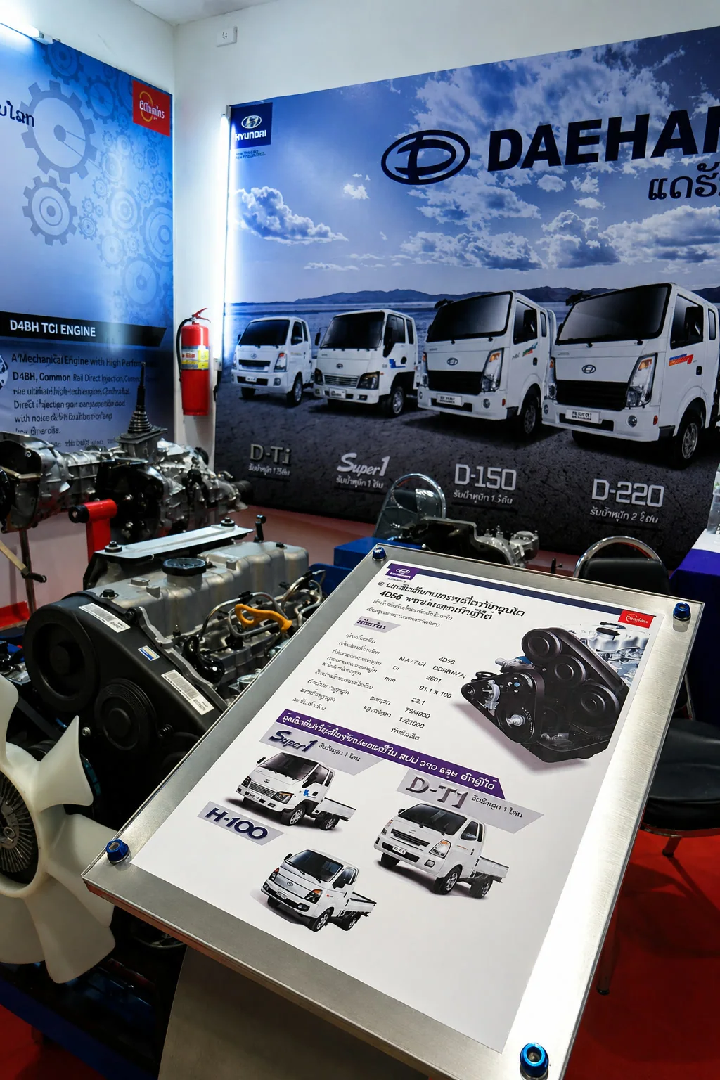 DAEHAN engine exhibit with vehicle lineup wall graphic and product information panel