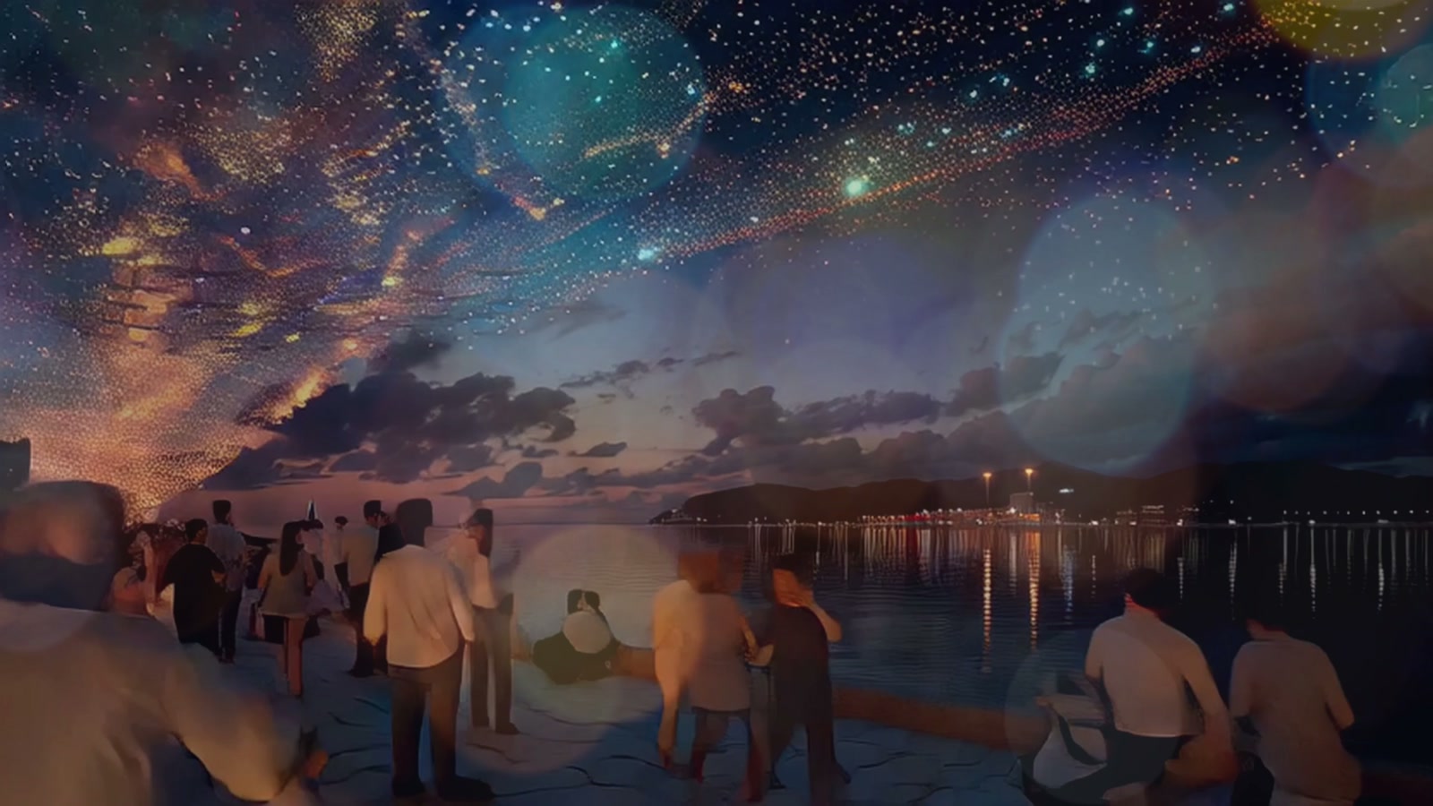 AI-generated film scene placing citizens at the future waterfront horizon