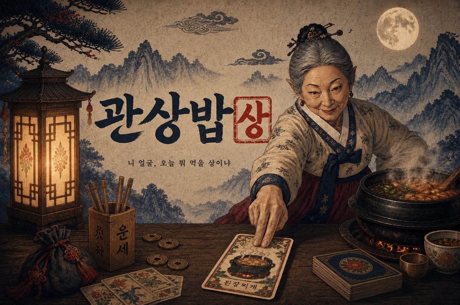 K-RoastMySoul Korean fortune-teller brand world with food card and minhwa landscape