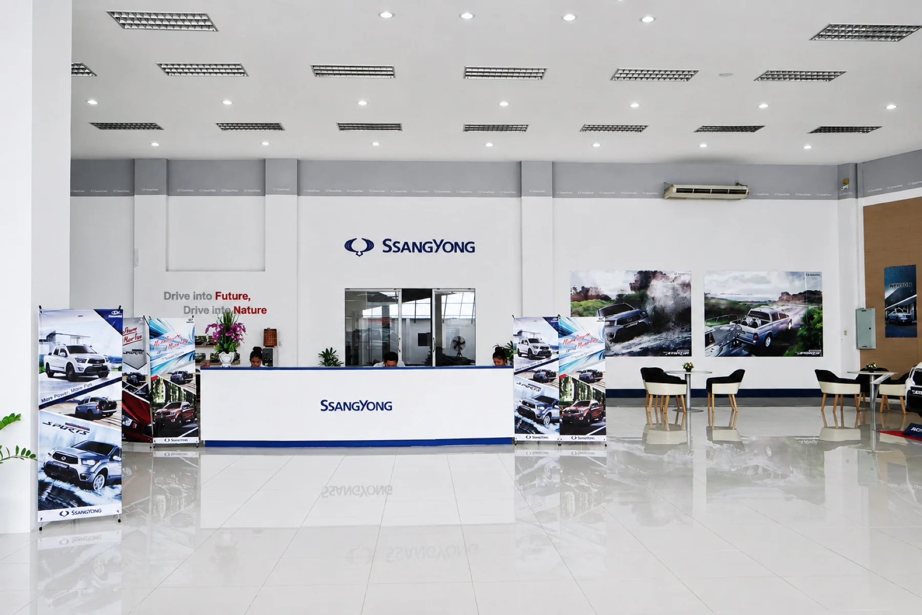 Completed SsangYong showroom reception and display wall in Vientiane