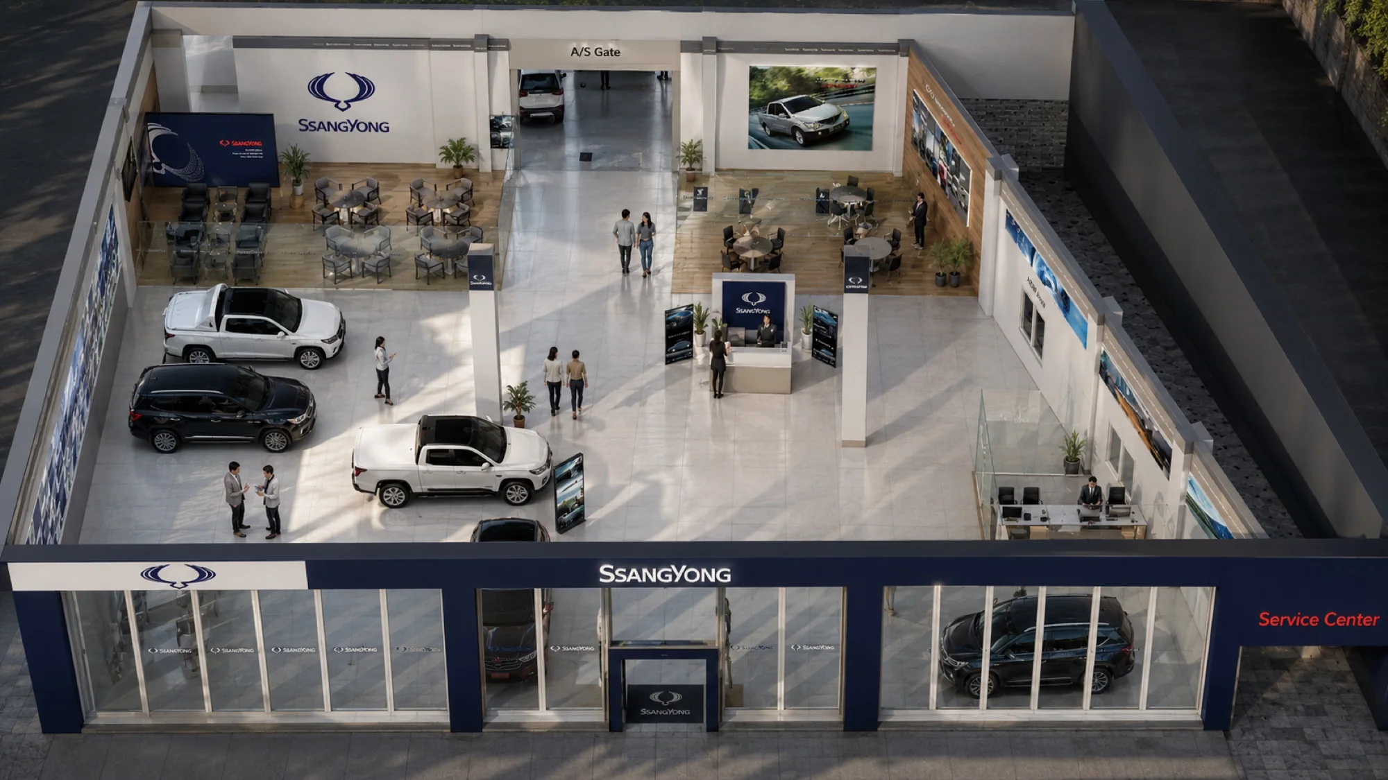 2026 AI-assisted aerial reconstruction showing the overall SsangYong showroom layout