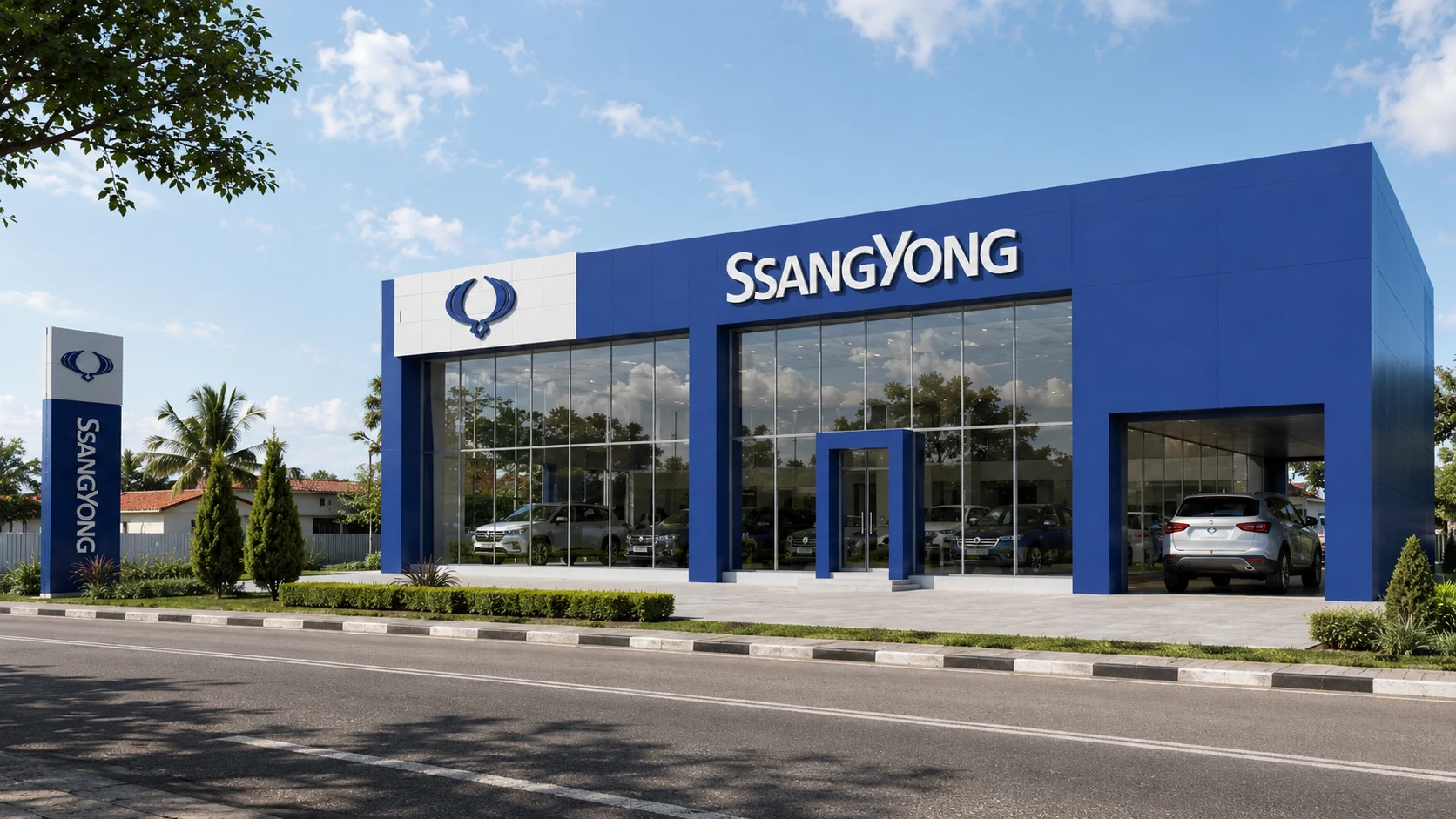 2026 AI-assisted archival reconstruction of the SsangYong showroom exterior