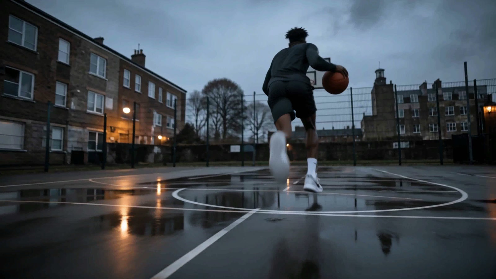 AI-generated film scene of a basketball player on a wet urban court