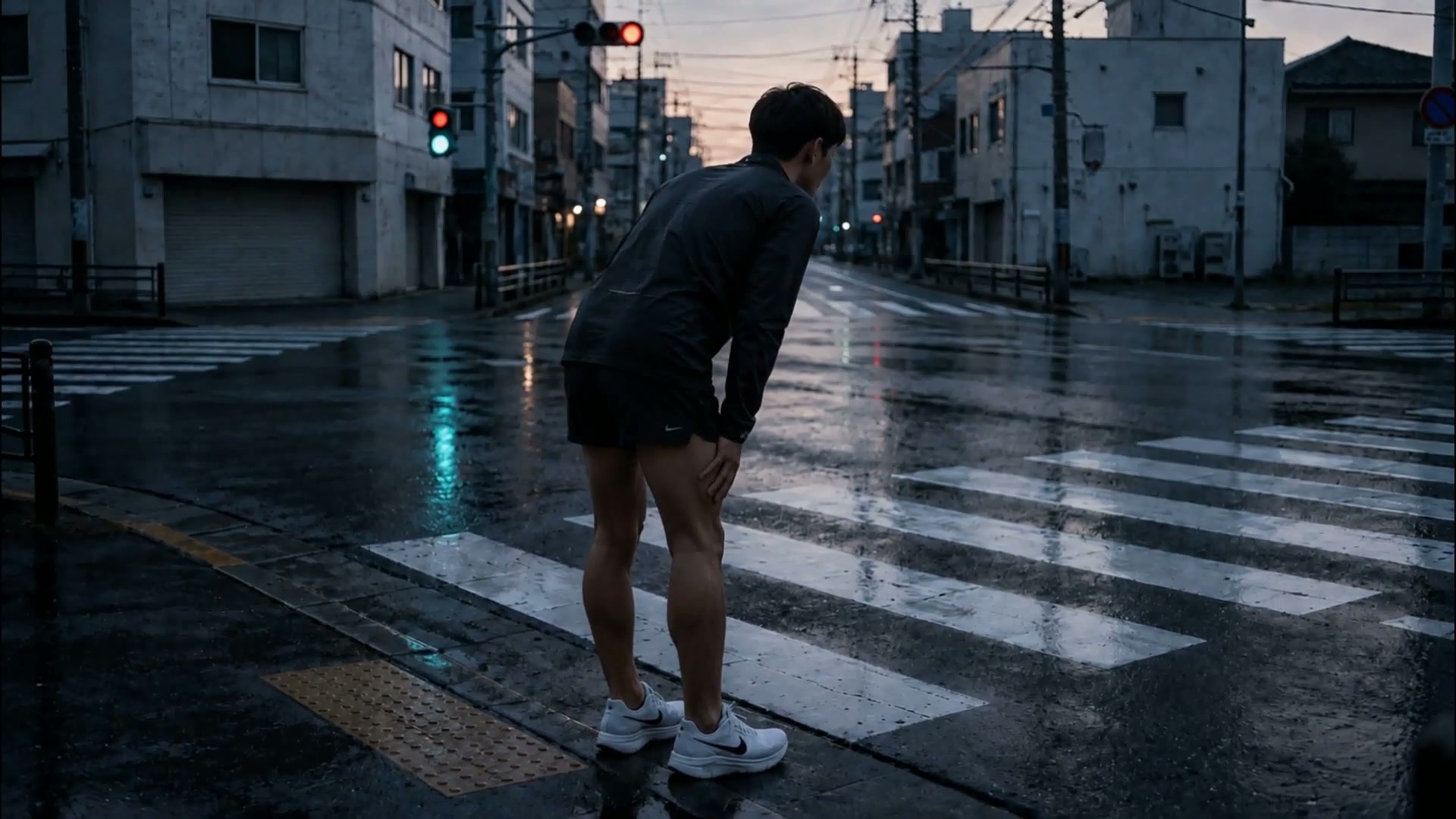 Published film frame of a runner pausing at a rain-soaked crosswalk before moving