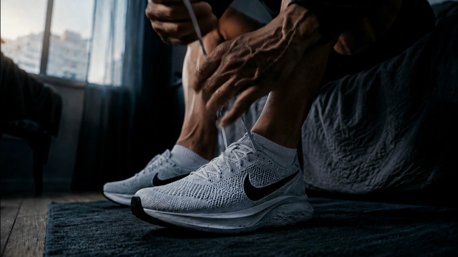 AI-generated film scene of an athlete hesitating while tying running shoes