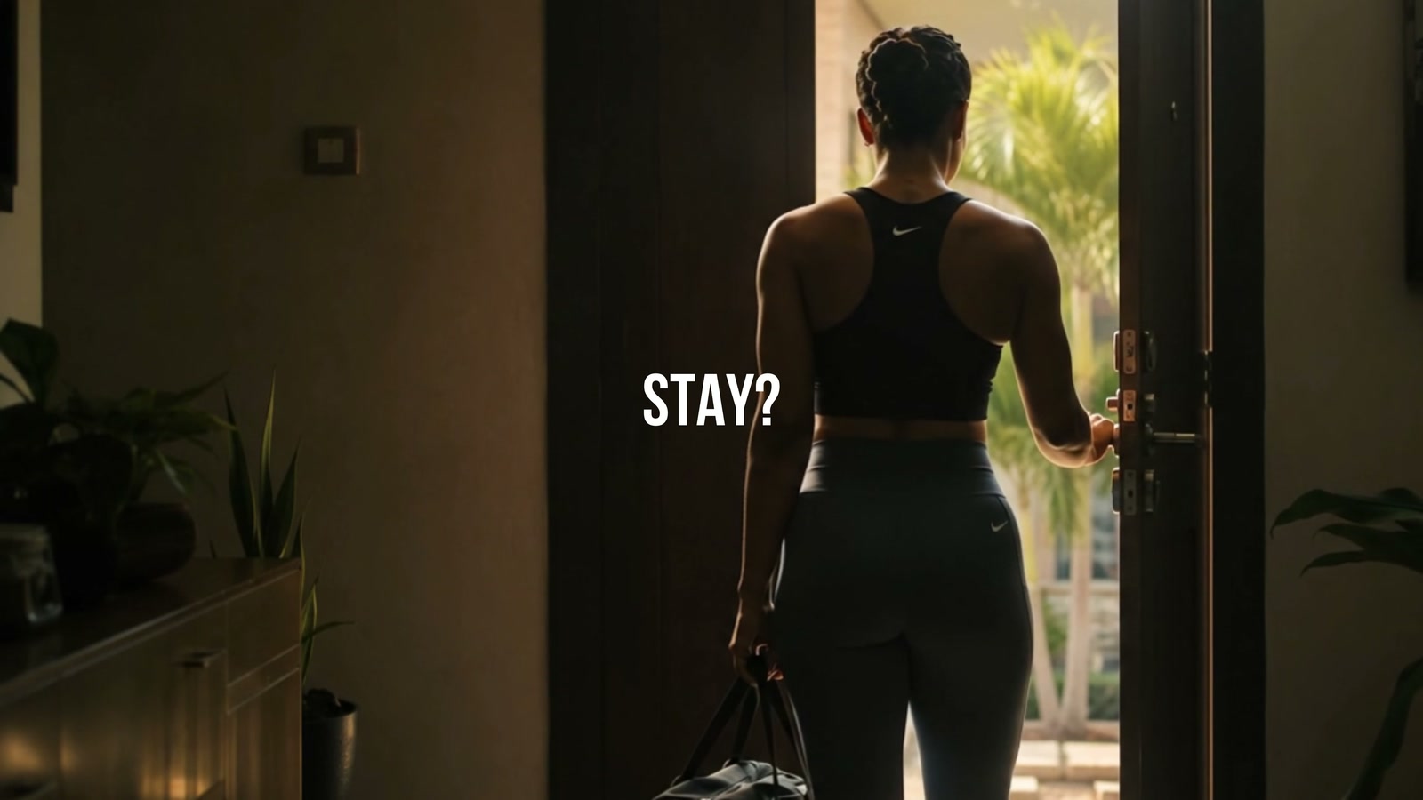 AI-generated film scene of an athlete opening the door to begin training