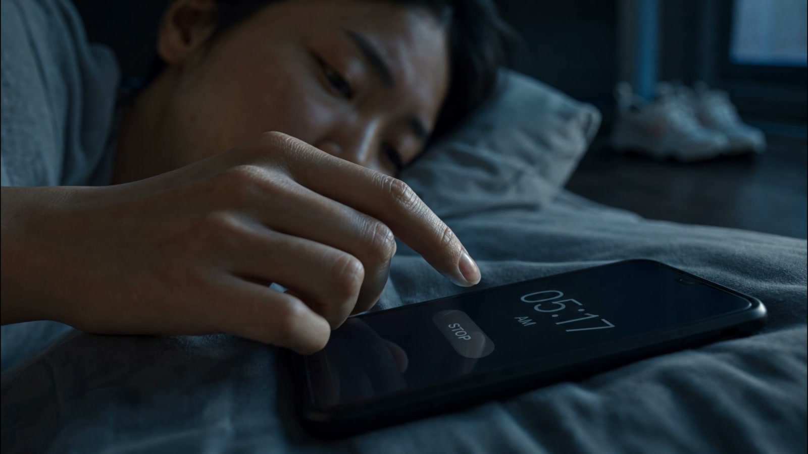 AI-generated film scene of an athlete deciding whether to stop an alarm